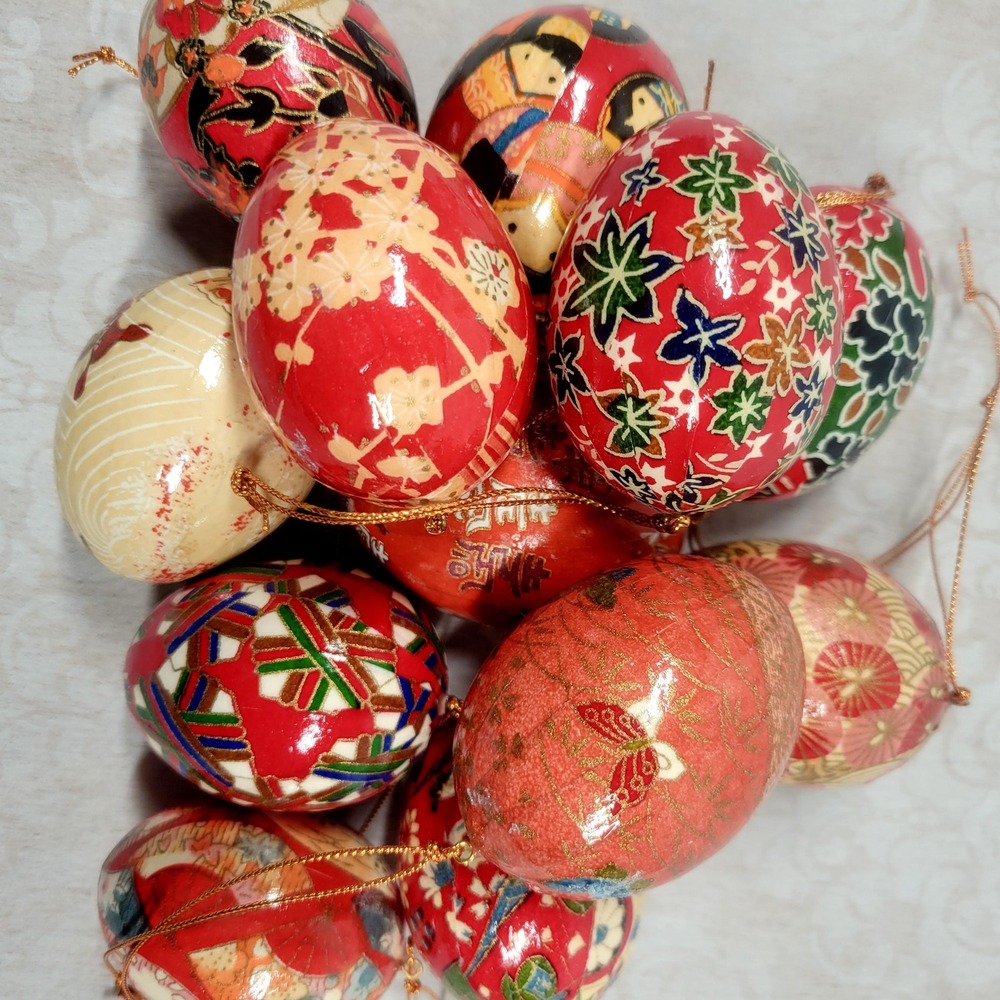 Japanese Chiyogami Paper Mache Decoupage Egg Ornaments Set of 12 Hanging Decor